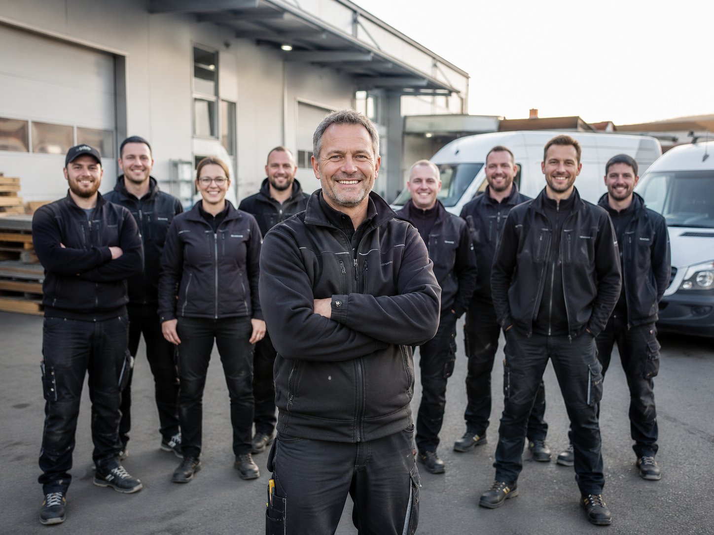 Zufriedenes Handwerkerteam vor dem Betrieb